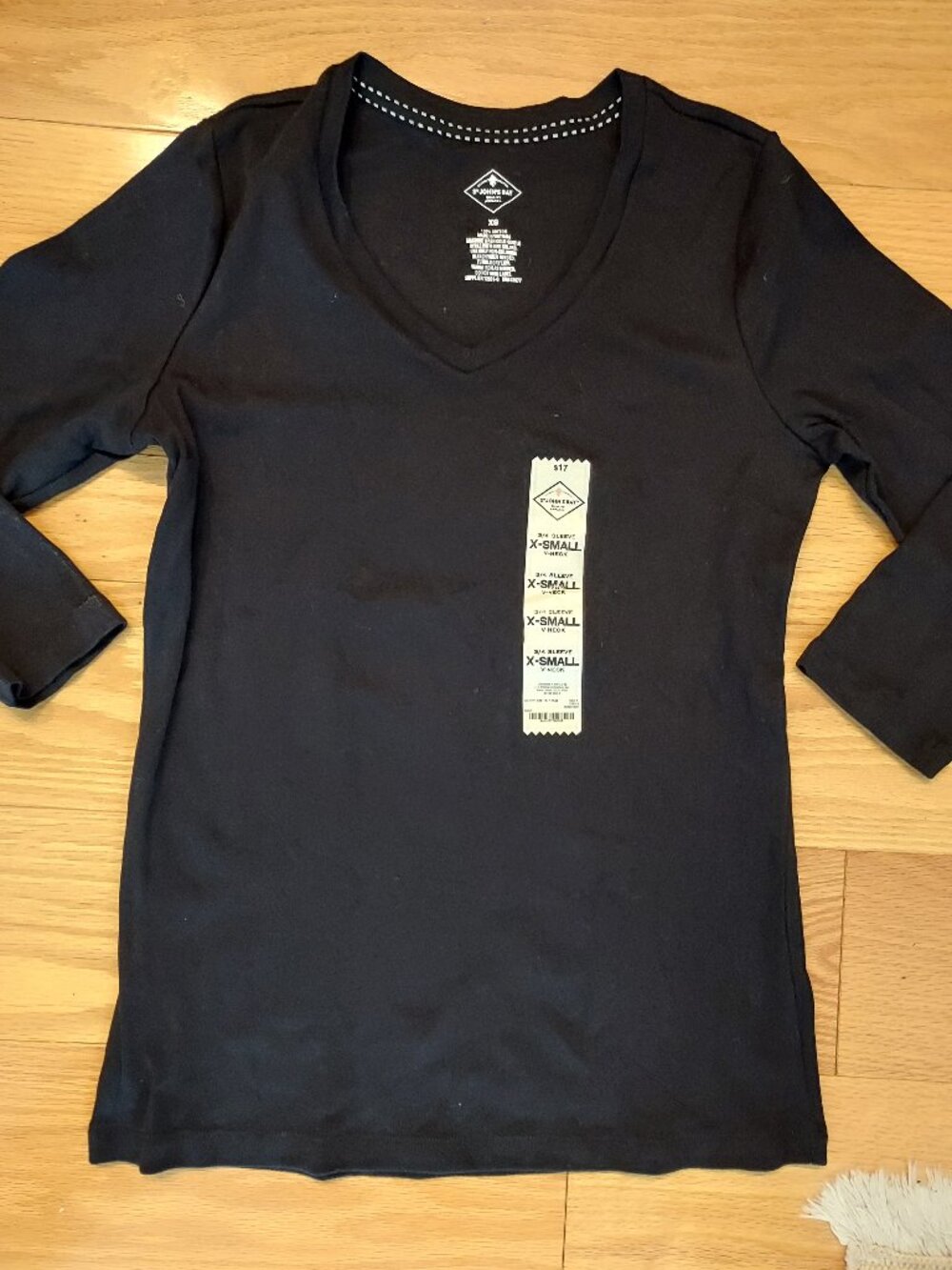 NWT St. John's Bay Women's Cotton V-Neck 3/4 Sleeve T-Shirt, XS, Black